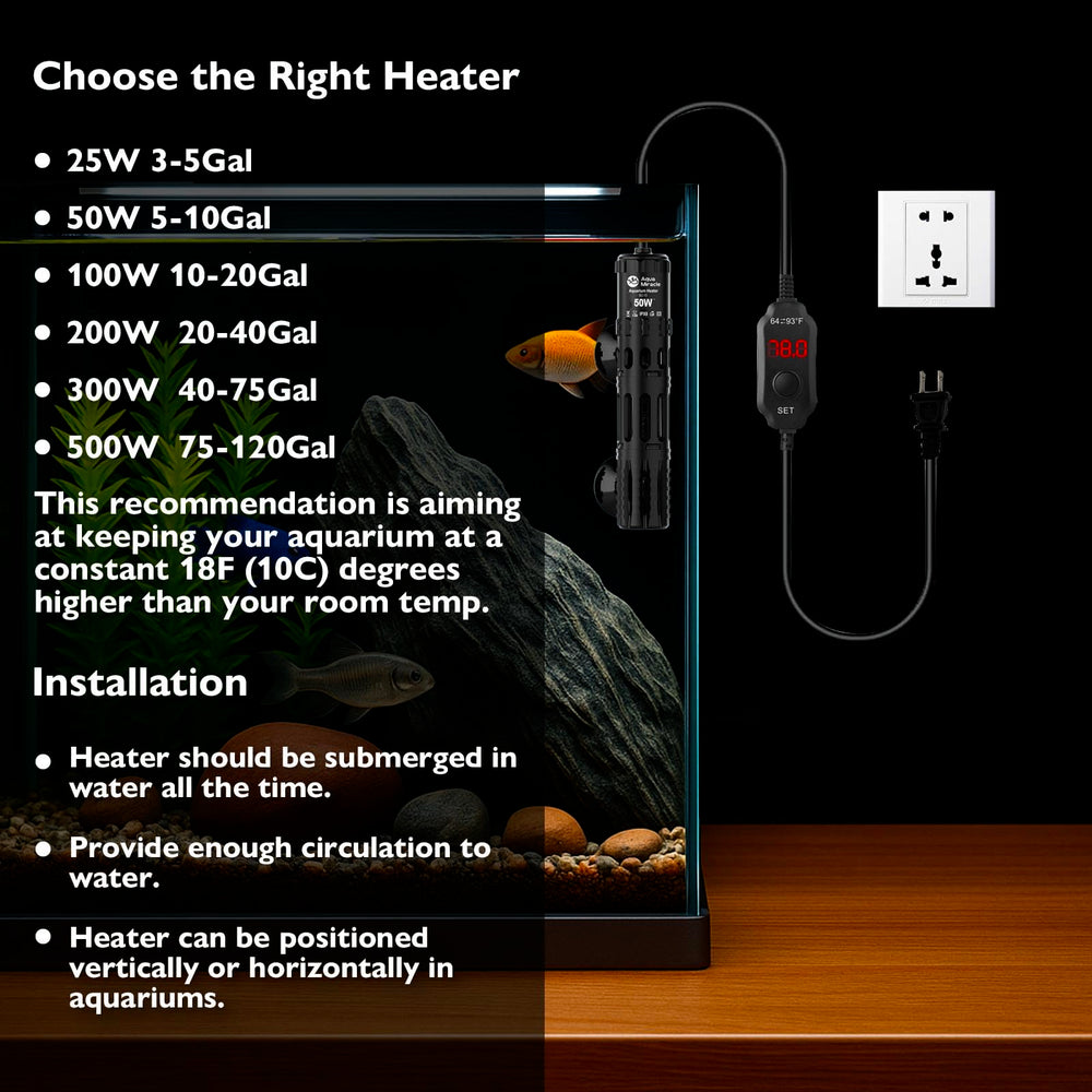 AquaMiracle 50W heater installed in a 5-10 gallon tank for efficient warming.