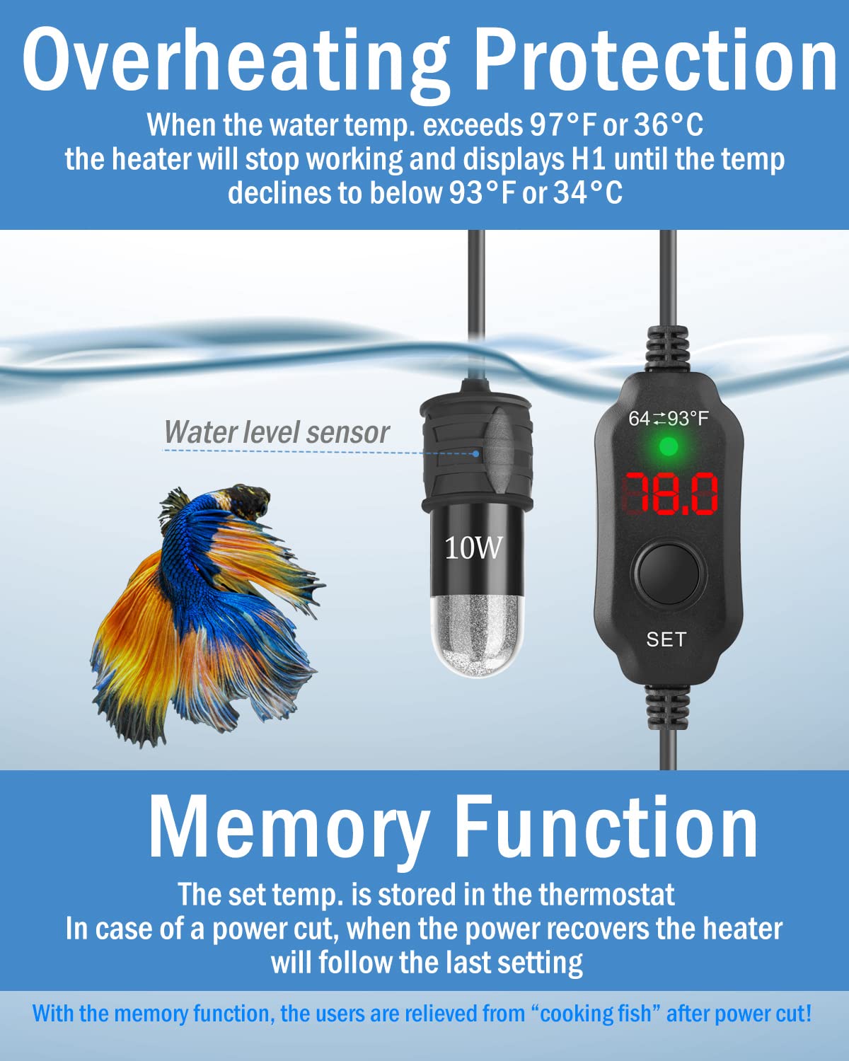AquaMiracle adjustable 10W Betta Heater works in freshwater and marine water.