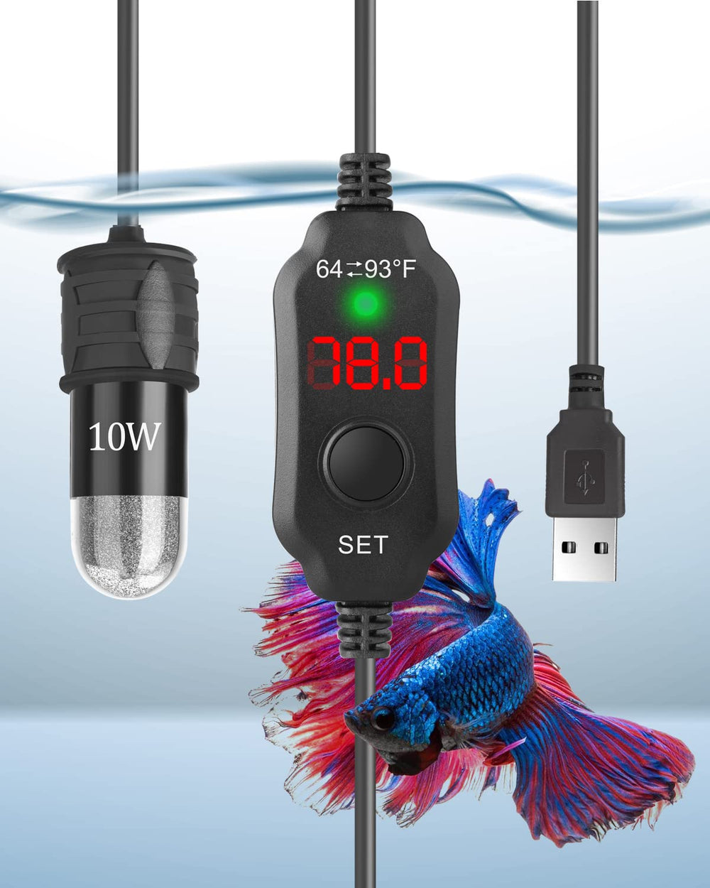 AquaMiracle adjustable 10W Betta Heater front view, compact steady heat for nano tanks.