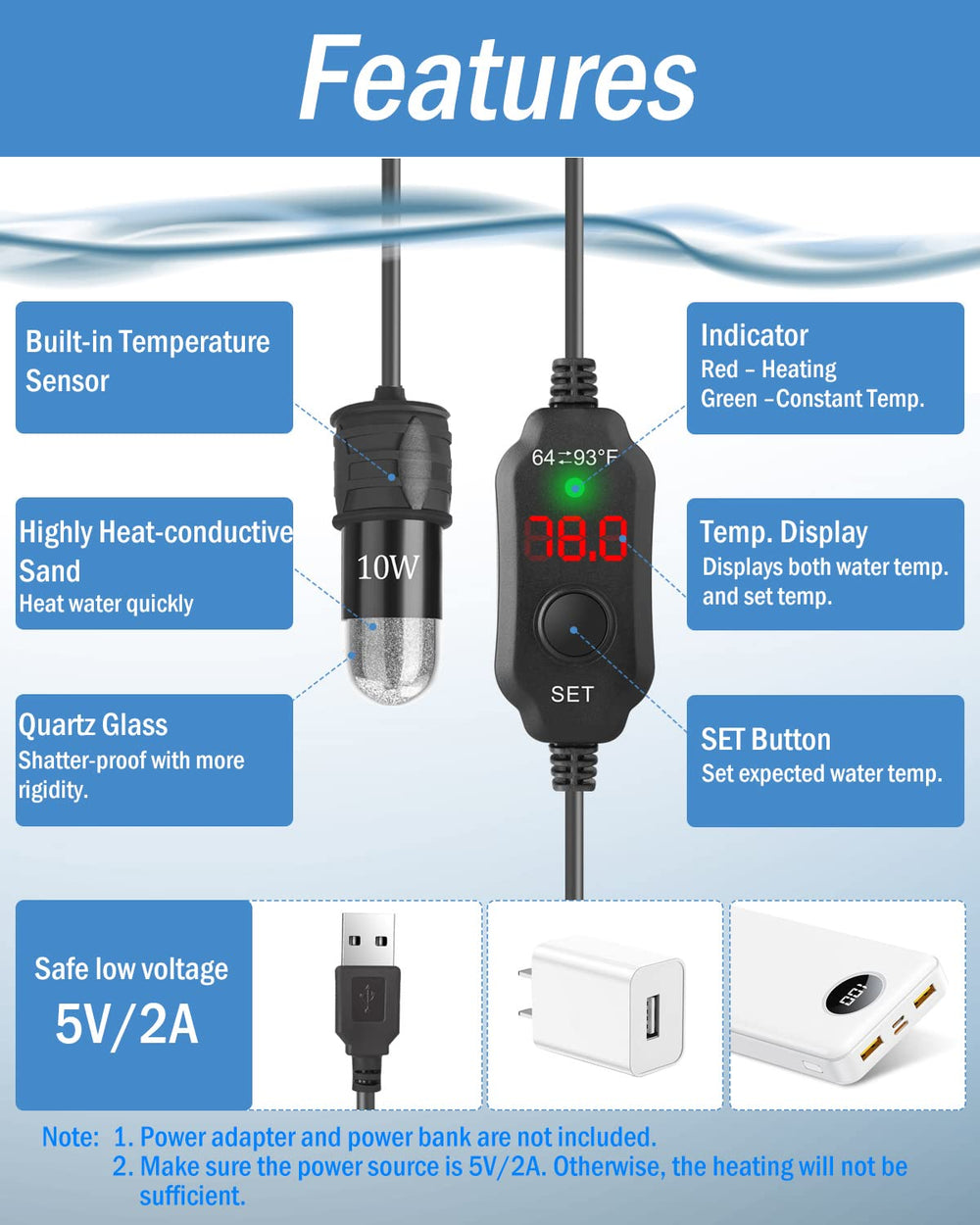 AquaMiracle adjustable 10W Betta Heater memory function recalls last setting after power loss.