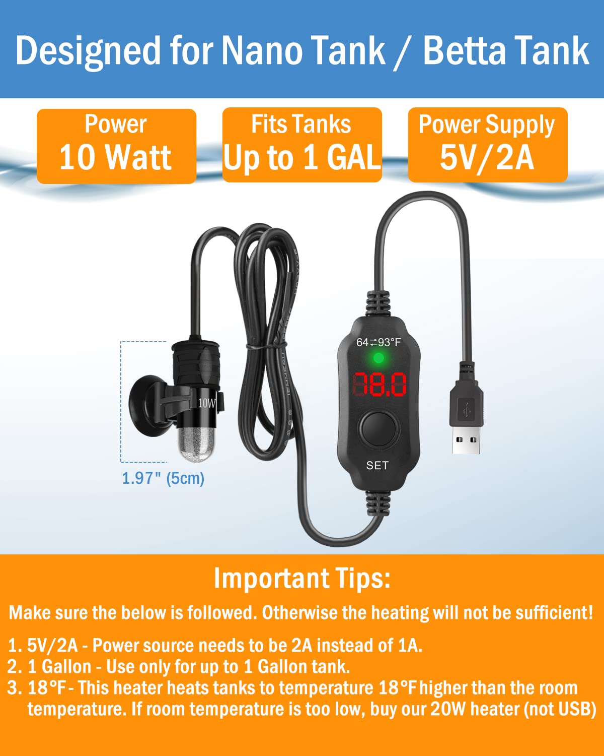 AquaMiracle adjustable 10W Betta Heater temperature sensor for accurate control.