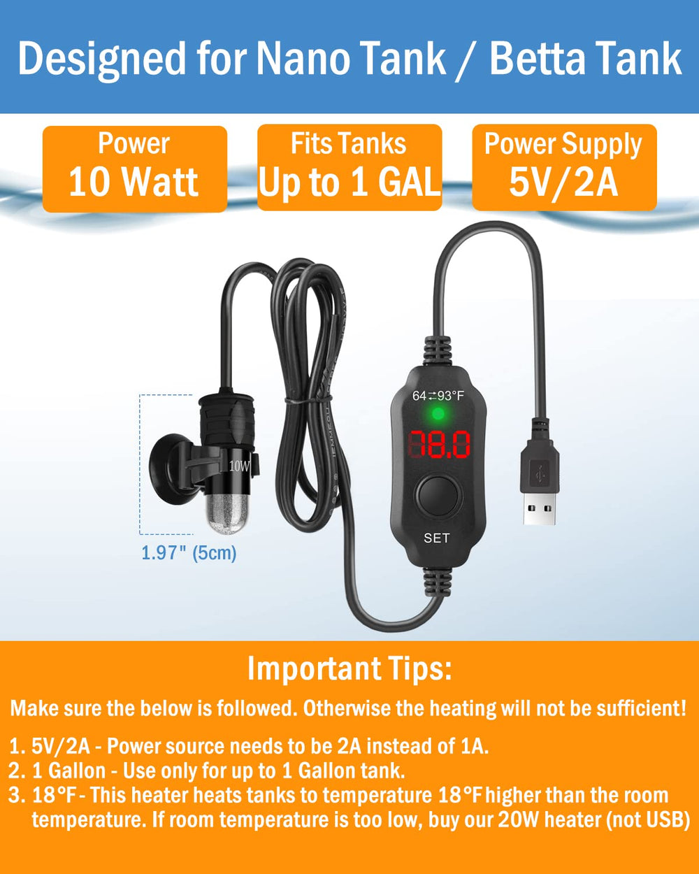 AquaMiracle adjustable 10W Betta Heater temperature sensor for accurate control.