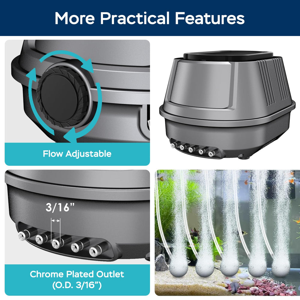 AquaMiracle five-outlet air pump with tubing connections supports multi-zone aeration