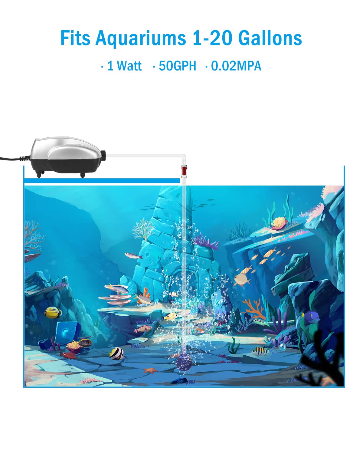 AquaMiracle aquarium air pump with 50GPH flow supports consistent oxygen exchange.
