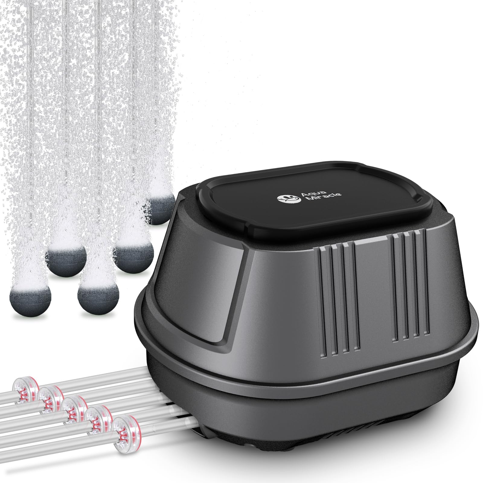 AquaMiracle aquarium air pump front view showcasing compact design for quiet operation