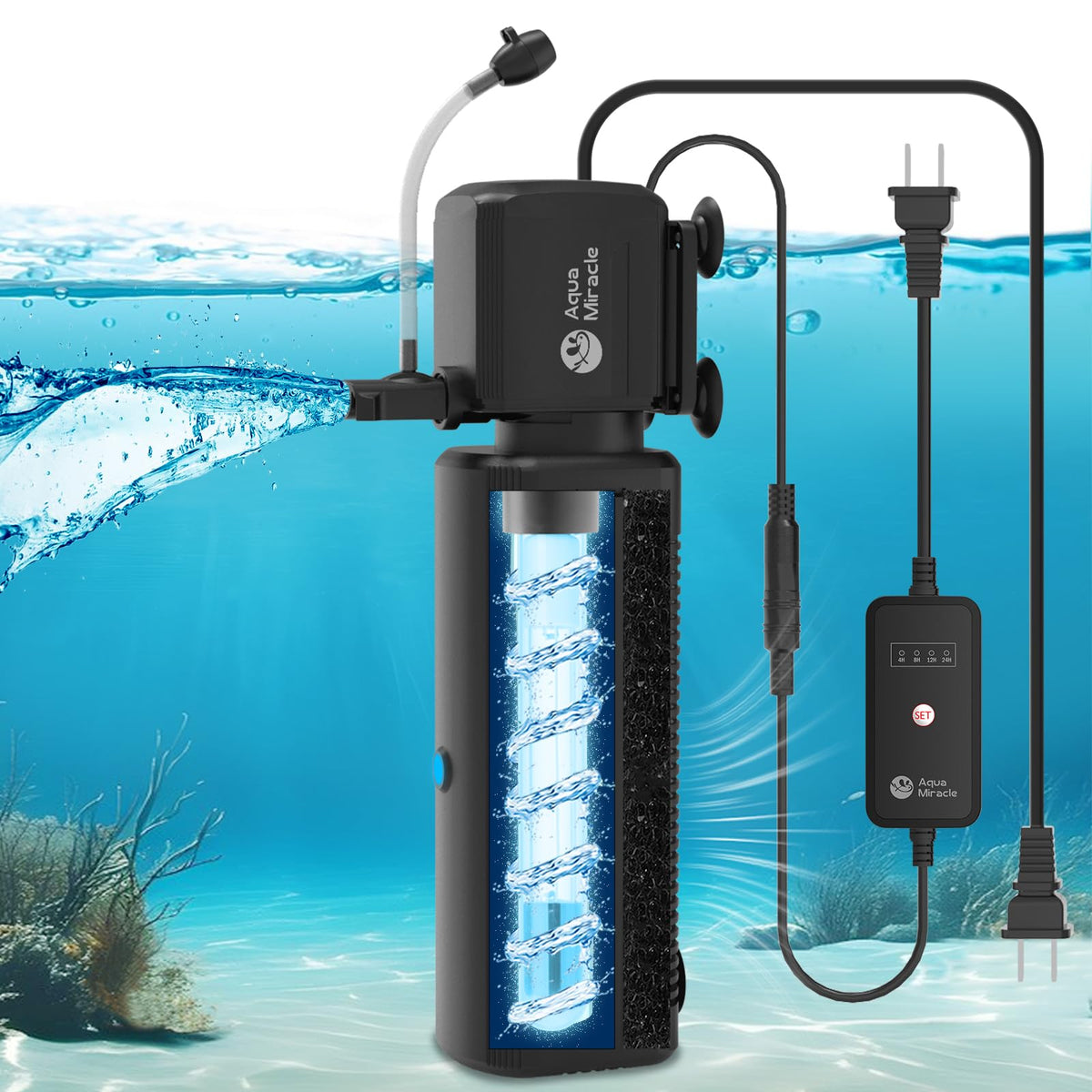 AquaMiracle aquarium filter with U-V light timer helps manage green water efficiently.