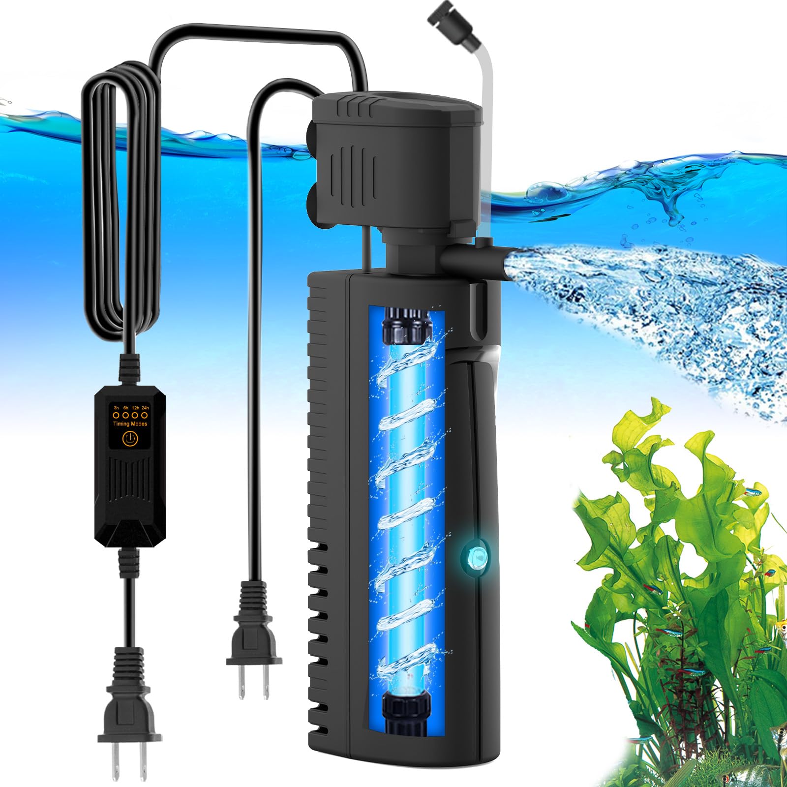 AquaMiracle aquarium filter with UV light in action improving water clarity.