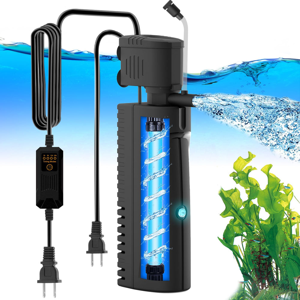 AquaMiracle aquarium filter with UV light in action improving water clarity.
