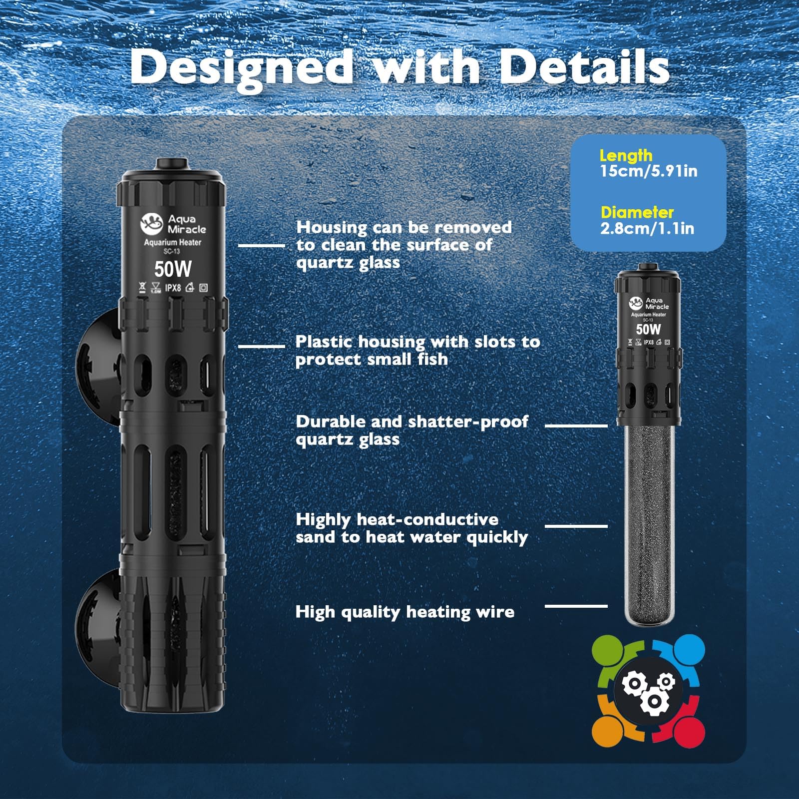 AquaMiracle aquarium heater front view highlights slim profile and easy temperature control.