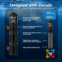 AquaMiracle aquarium heater front view highlights slim profile and easy temperature control.