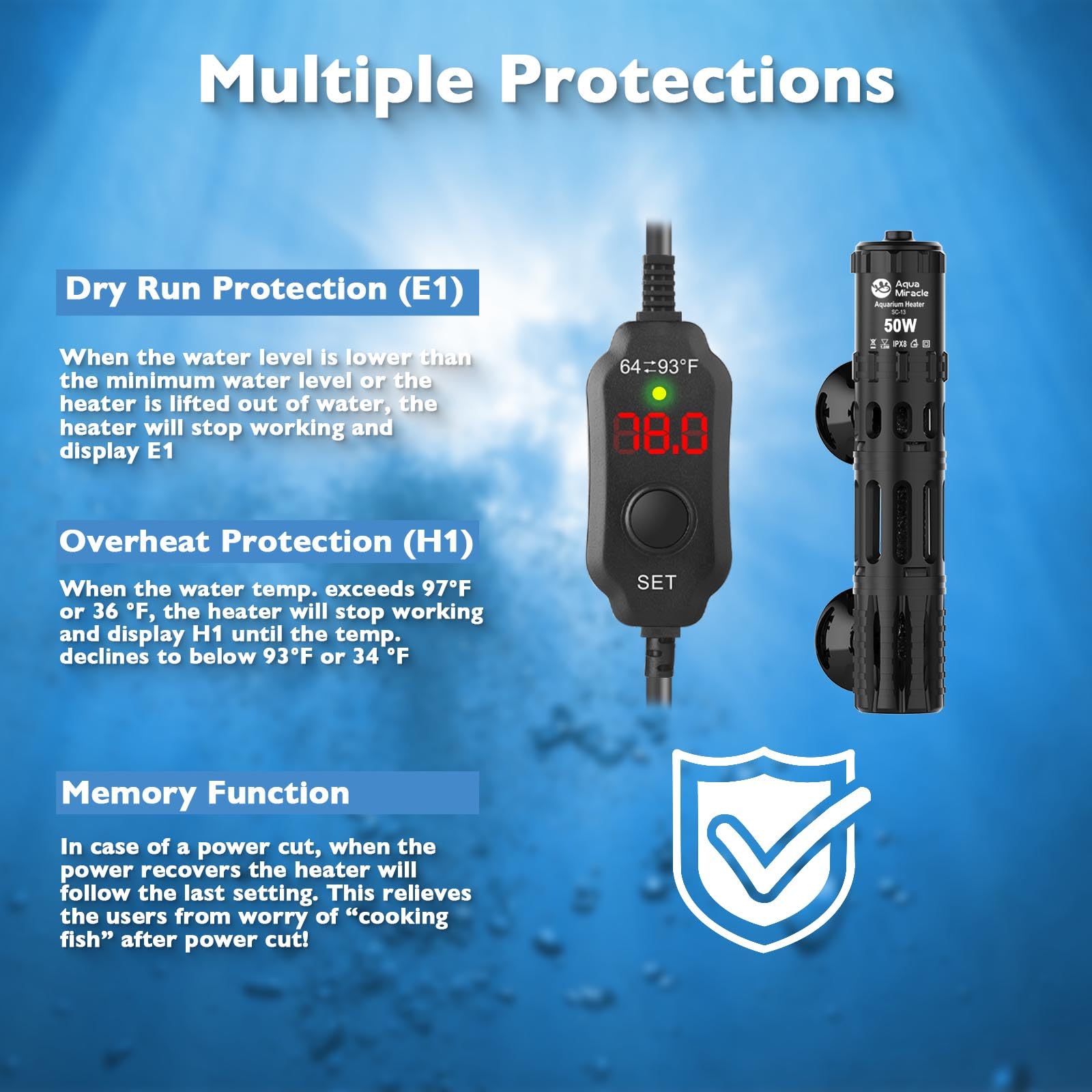 AquaMiracle heater in protective housing helps prevent glass damage and fish burns.