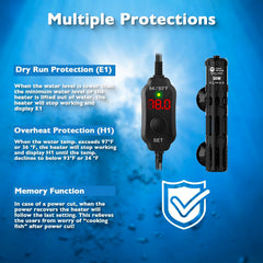 AquaMiracle heater in protective housing helps prevent glass damage and fish burns.