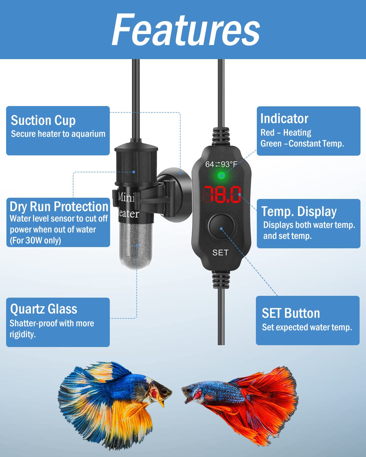 AquaMiracle betta tank heater demonstrates safe, reliable warmth for small aquatic pets.