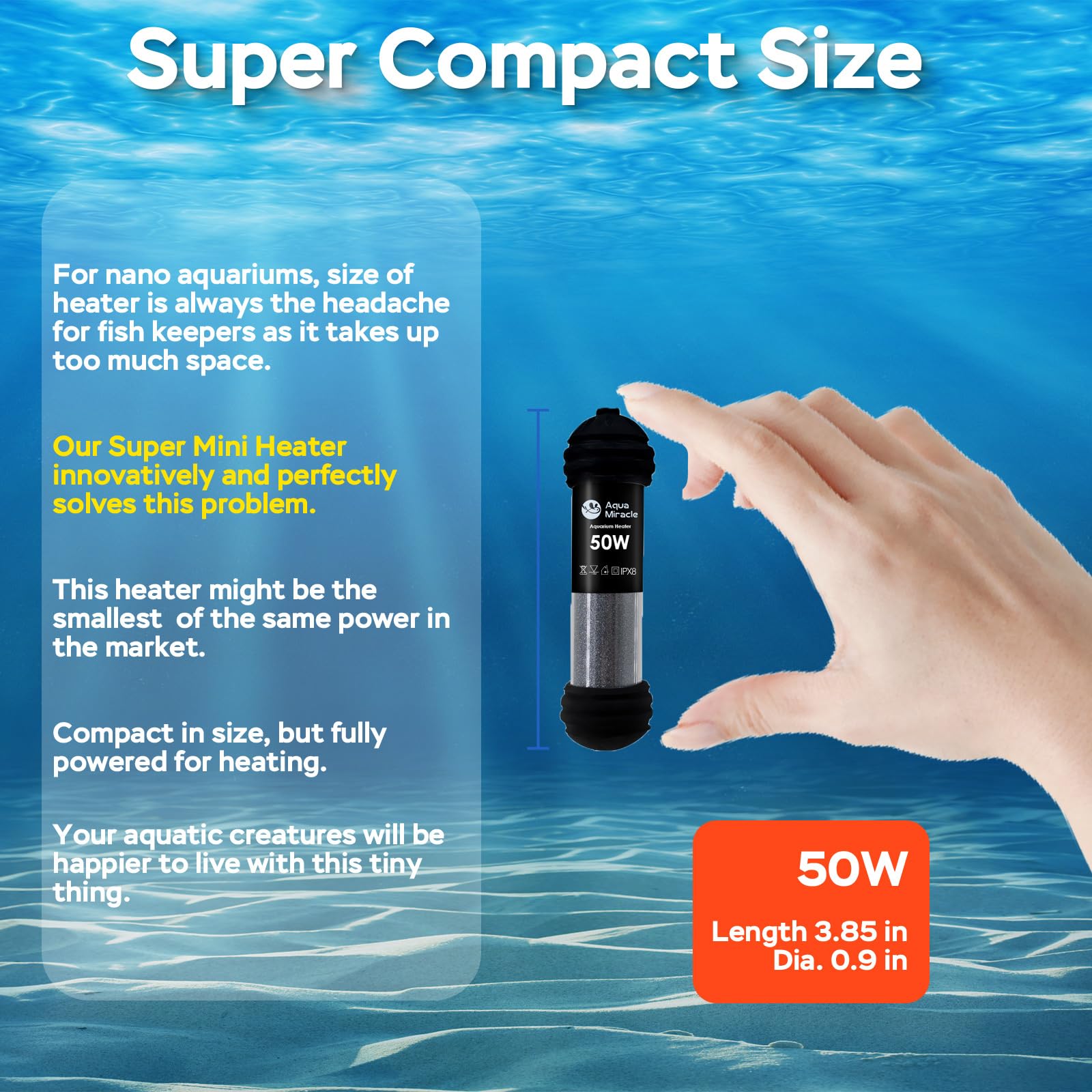 AquaMiracle heater with dual LED display shows current and target temps for quick adjustments.
