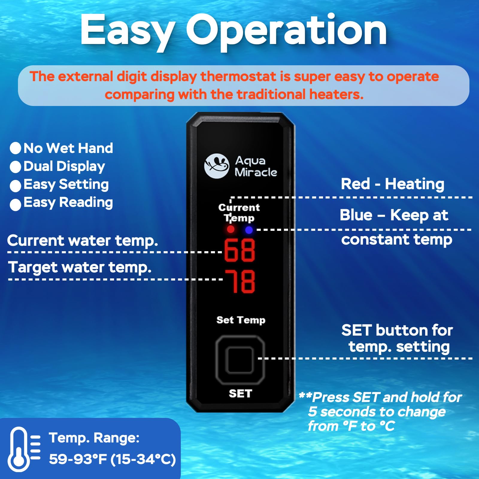 AquaMiracle external-thermostat showing precise 1°F control for reliable warmth