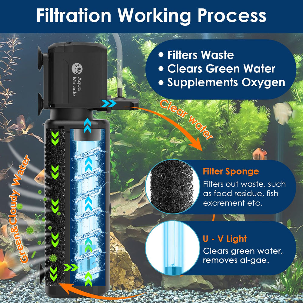 AquaMiracle filter sponge traps debris for clearer glass and better light.