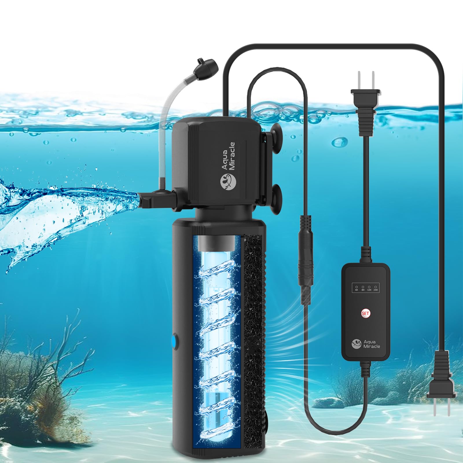 AquaMiracle front view aquarium filter demonstrates space-saving fit for 20-70 gallon tanks.