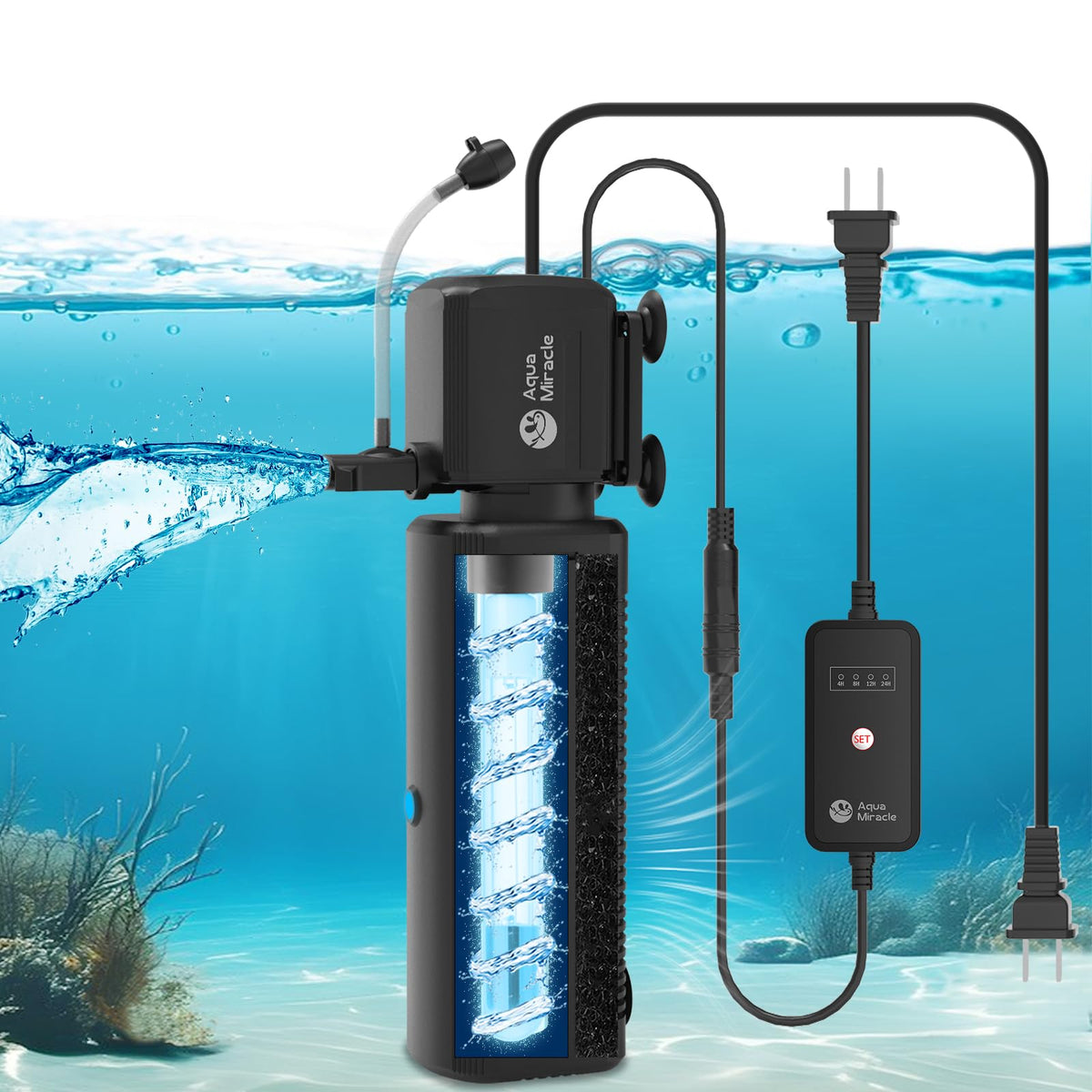 AquaMiracle front view aquarium filter demonstrates space-saving fit for 20-70 gallon tanks.