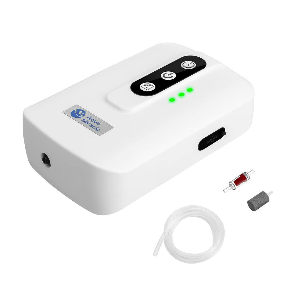 AquaMiracle lithium air pump front view highlighting compact design for steady 60-gallon aeration.