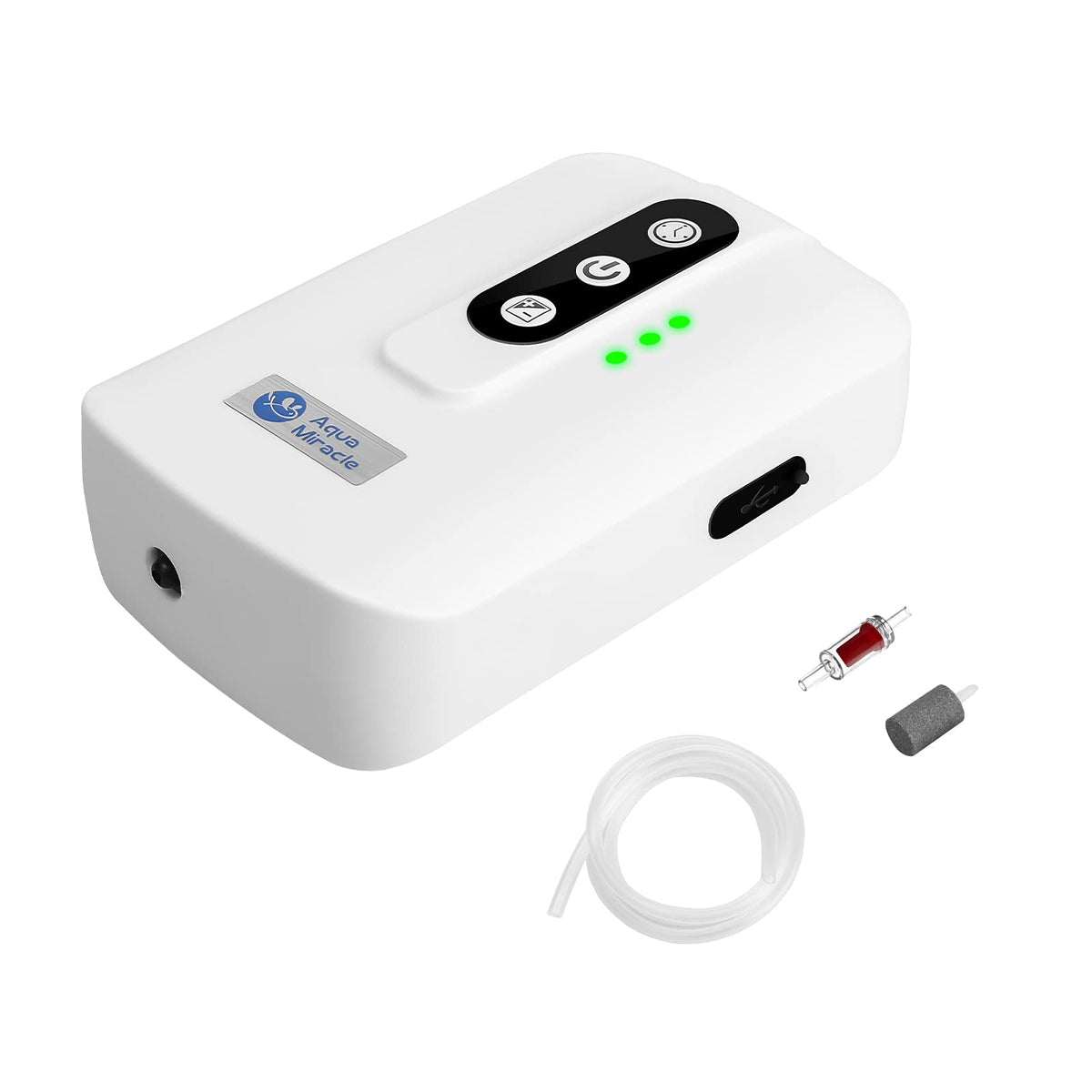 AquaMiracle lithium air pump front view highlighting compact design for steady 60-gallon aeration.