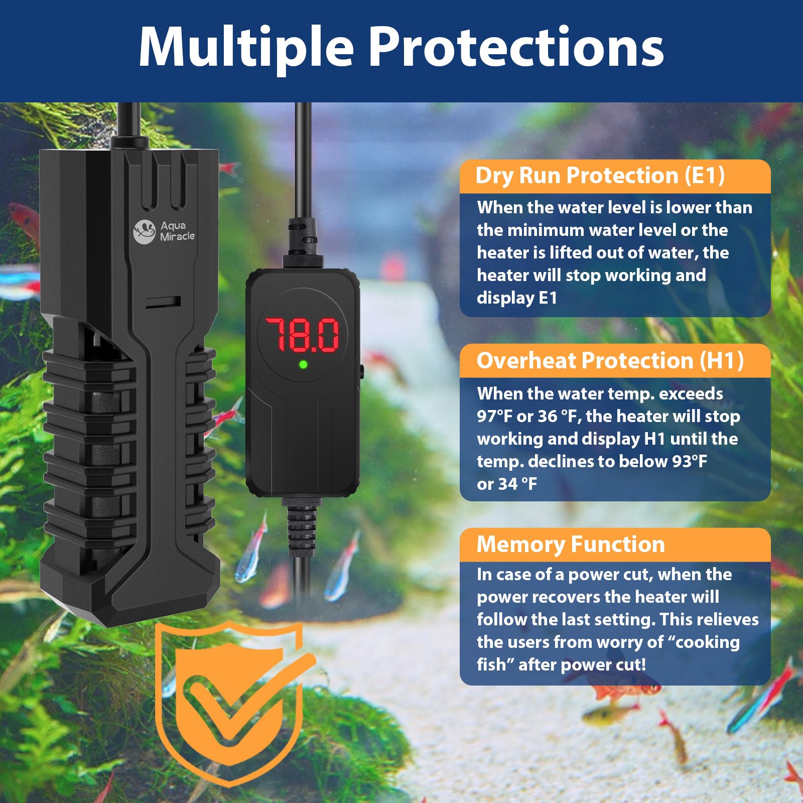 AquaMiracle multi-use heater suitable for tanks, turtle enclosures, fountains, and seedlings.
