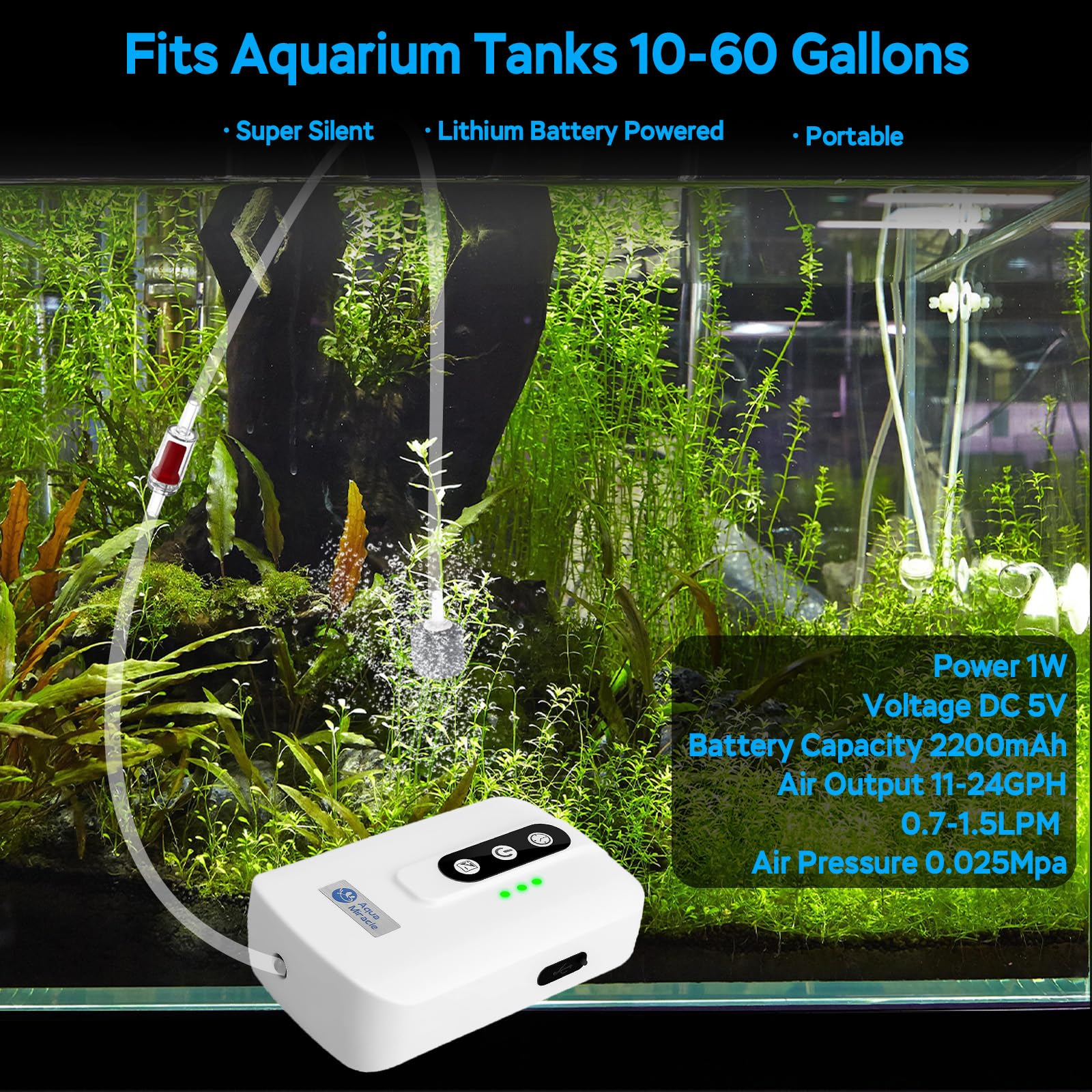 AquaMiracle portable aquarium air pump side view demonstrates easy placement near tank edge.