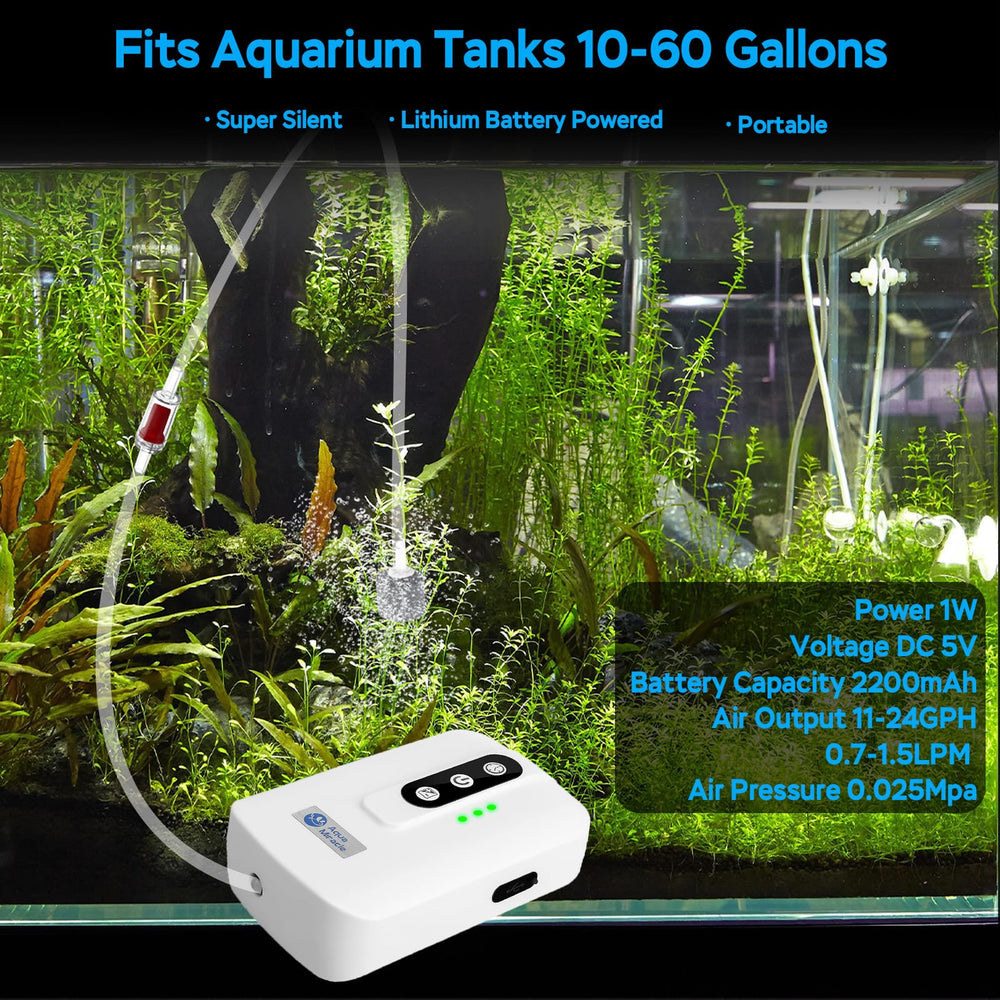 AquaMiracle portable aquarium air pump side view demonstrates easy placement near tank edge.