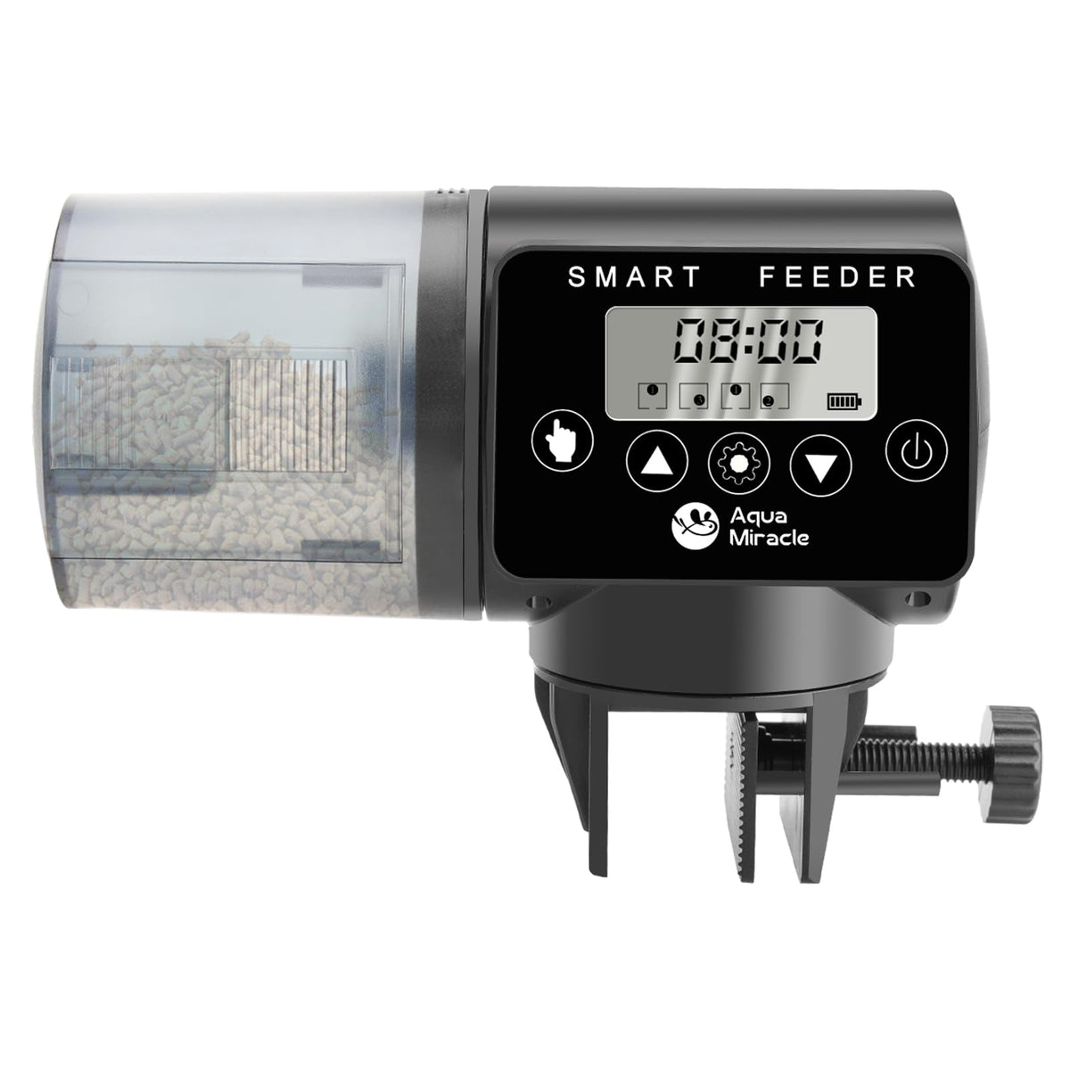 AquaMiracle programmable fish feeder drum showing 200ml capacity for reliable vacation feeding.