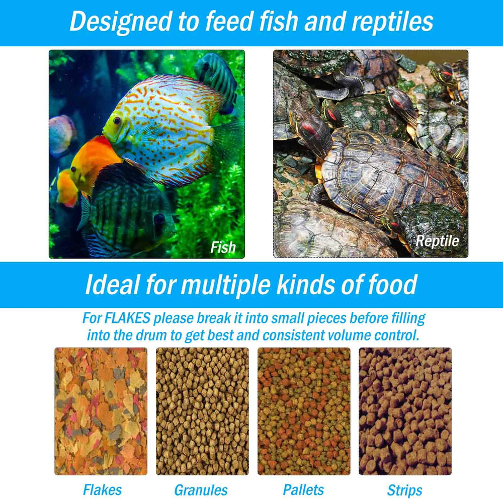 AquaMiracle feeder fits granules, flakes, pallets, and strips for versatile feeding.