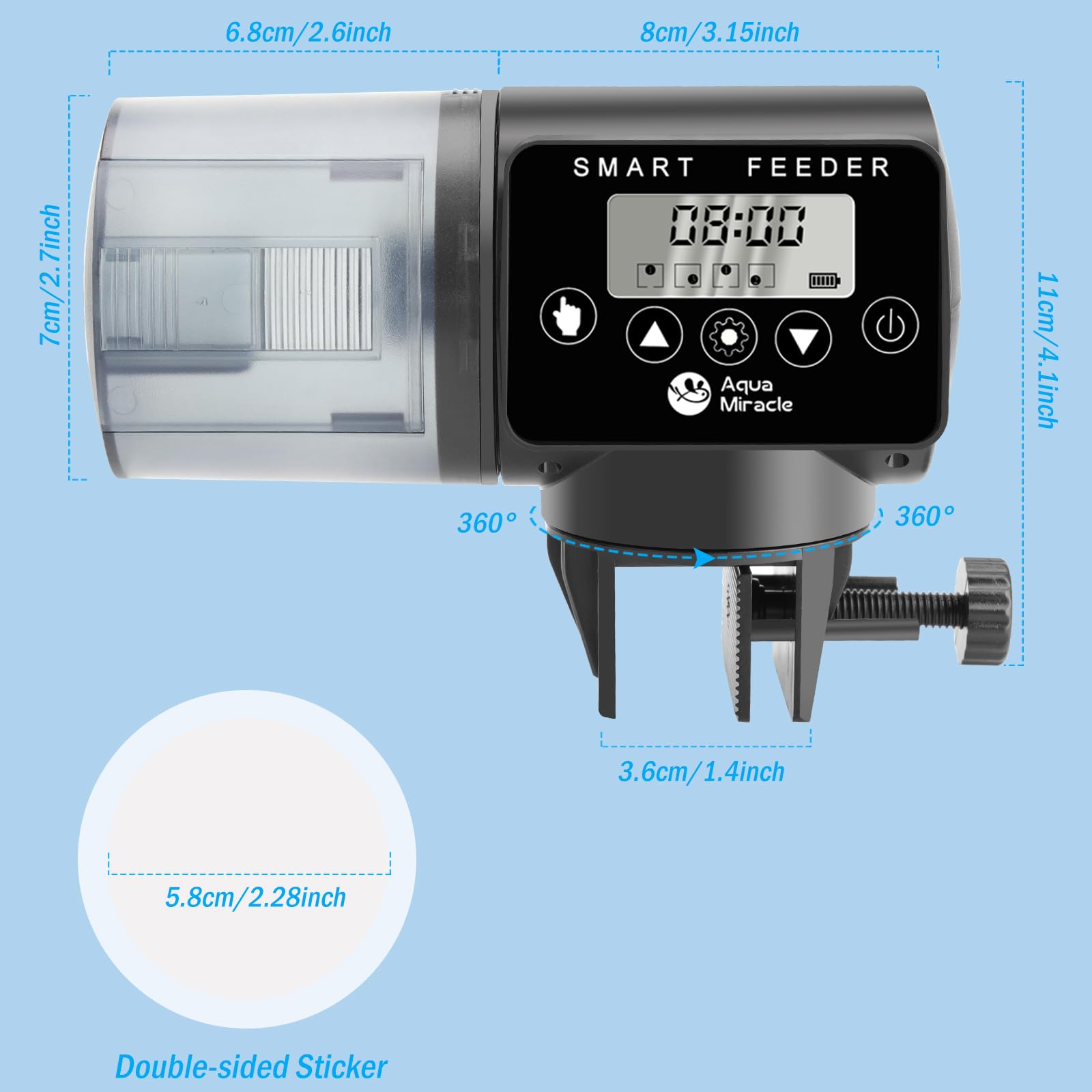 AquaMiracle feeder's moisture-proof drum keeps food dry during storage.