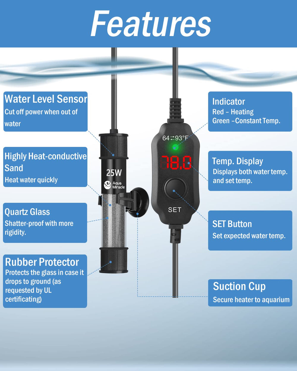 AquaMiracle submersible heater mounted in a 3-5 gallon tank for steady warmth.