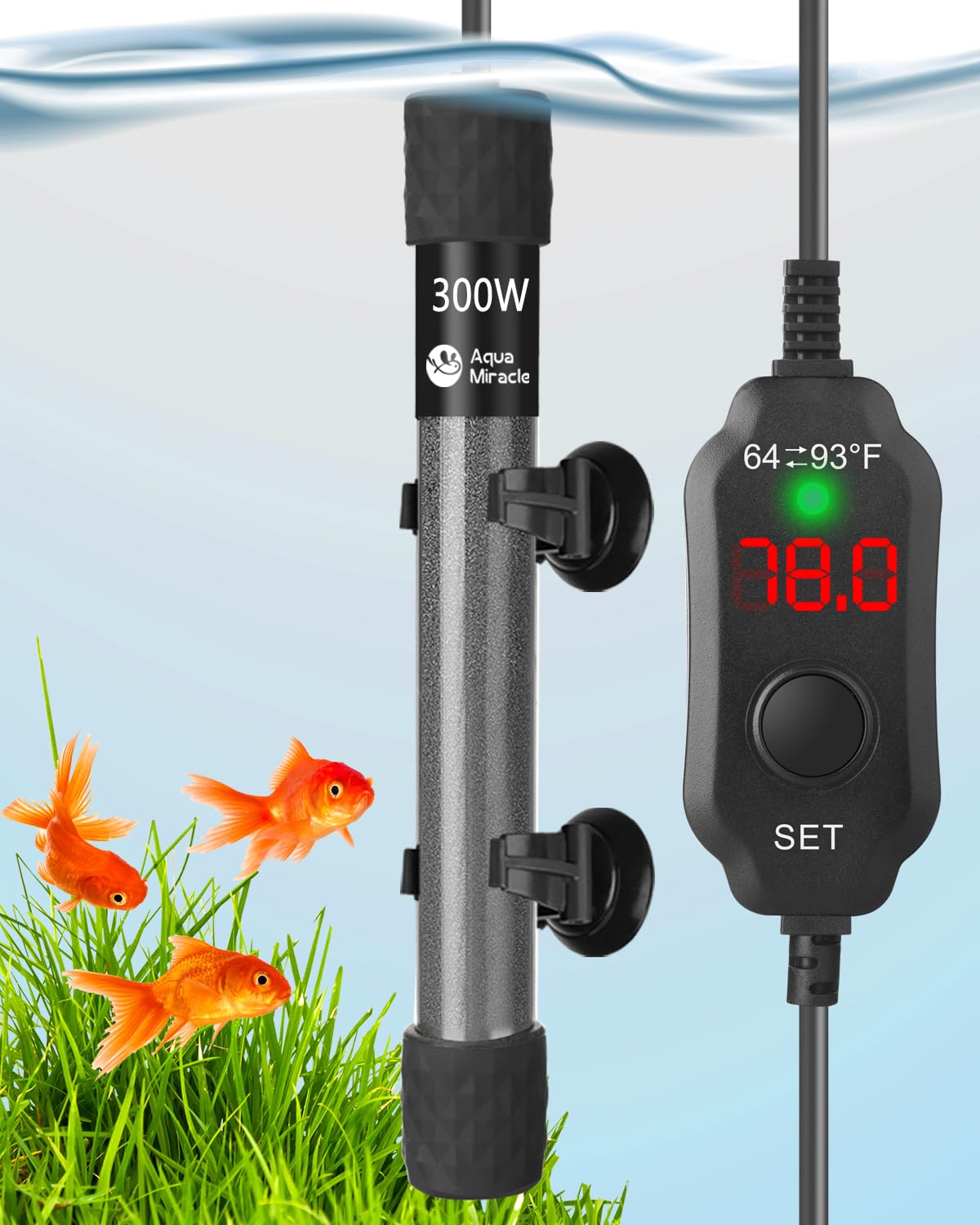 AquaMiracle super-short heater close-up shows compact design for easy concealment.