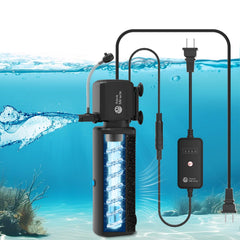 AquaMiracle SV-500 filter unit on aquarium, showing compact 6W power and efficient filtration