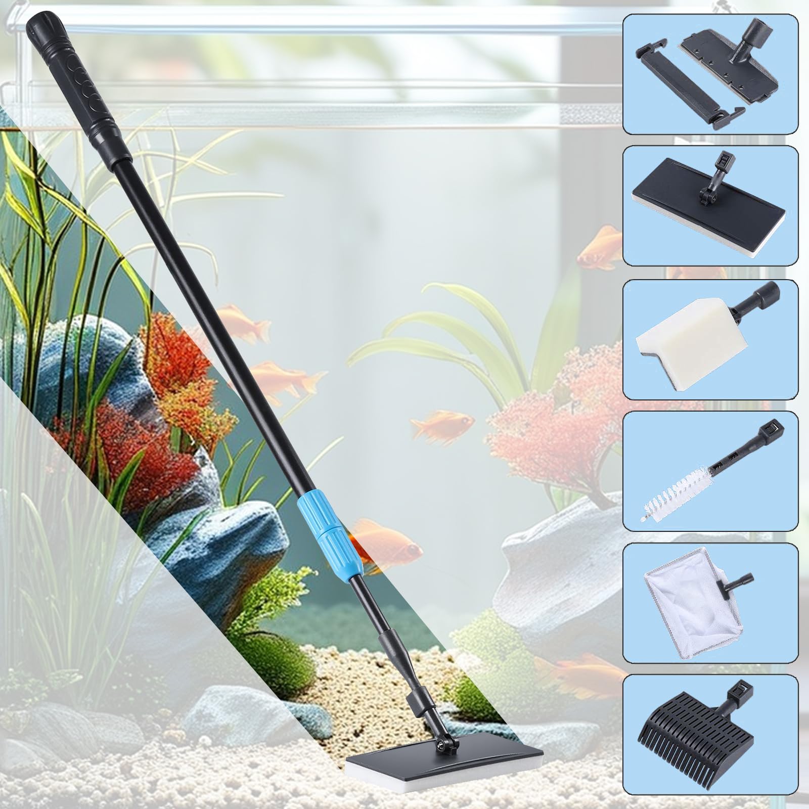 AquaMiracle telescopic handle extended above tank for hard-to-reach areas