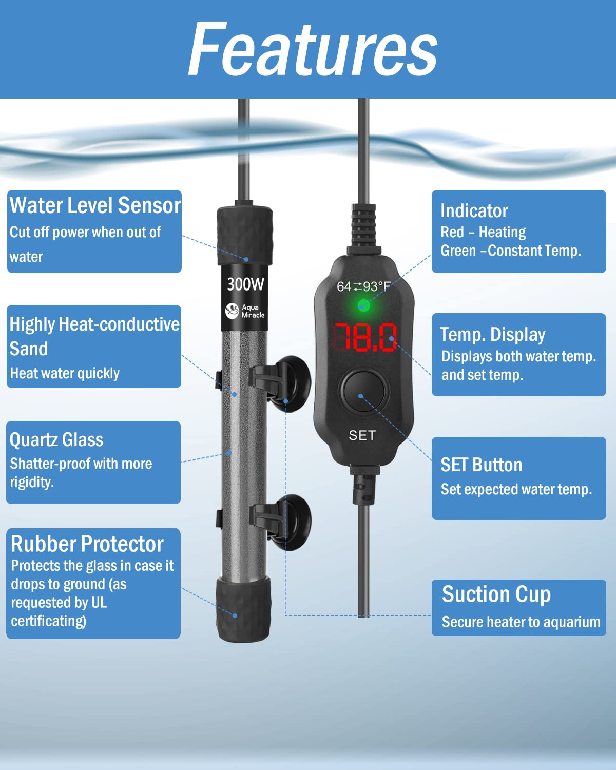 AquaMiracle thermostat offers 1°F accuracy for stable tank temperature.