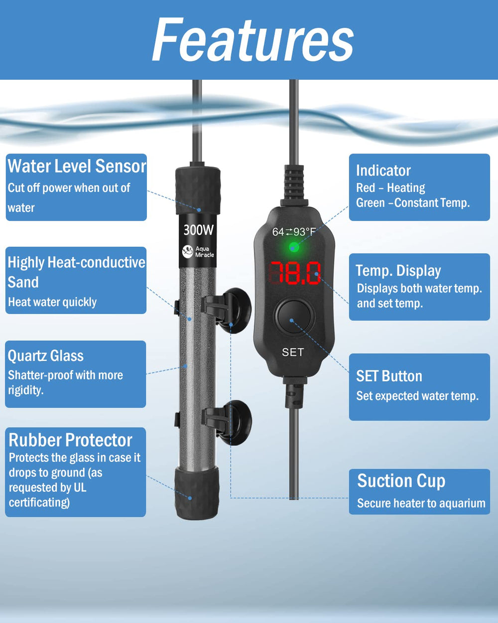 AquaMiracle thermostat offers 1°F accuracy for stable tank temperature.