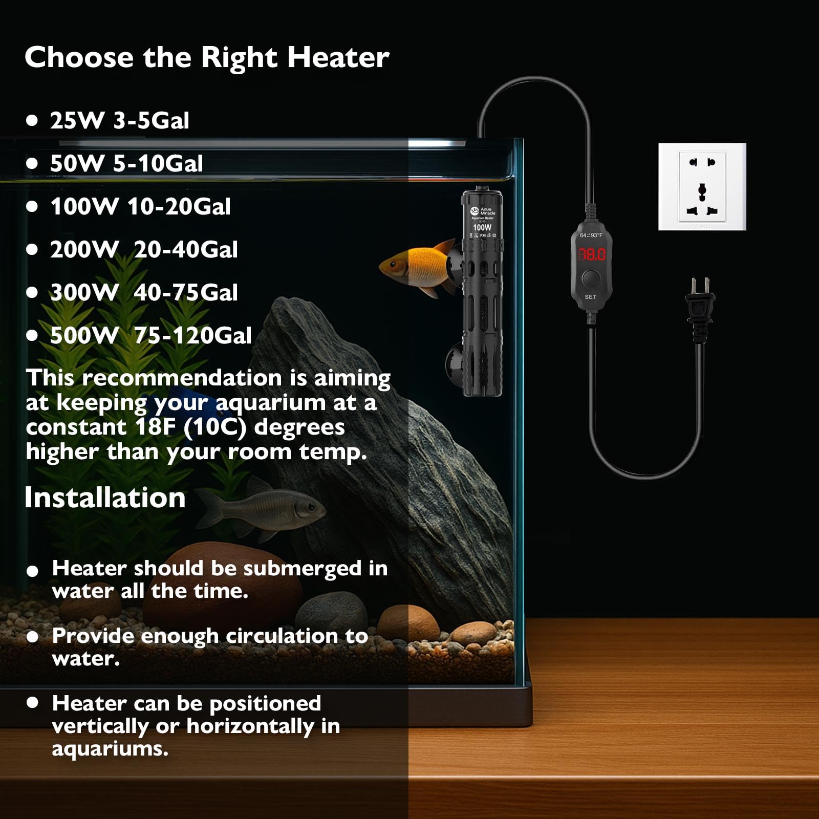 AquaMiracle turtle tank and fountain use with reliable heat control.