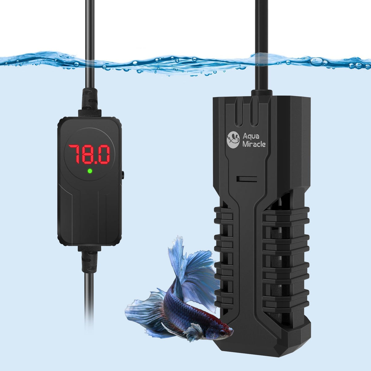 AquaMiracle turtle tank heater with protective housing delivering even heat for safe aquatic pets.