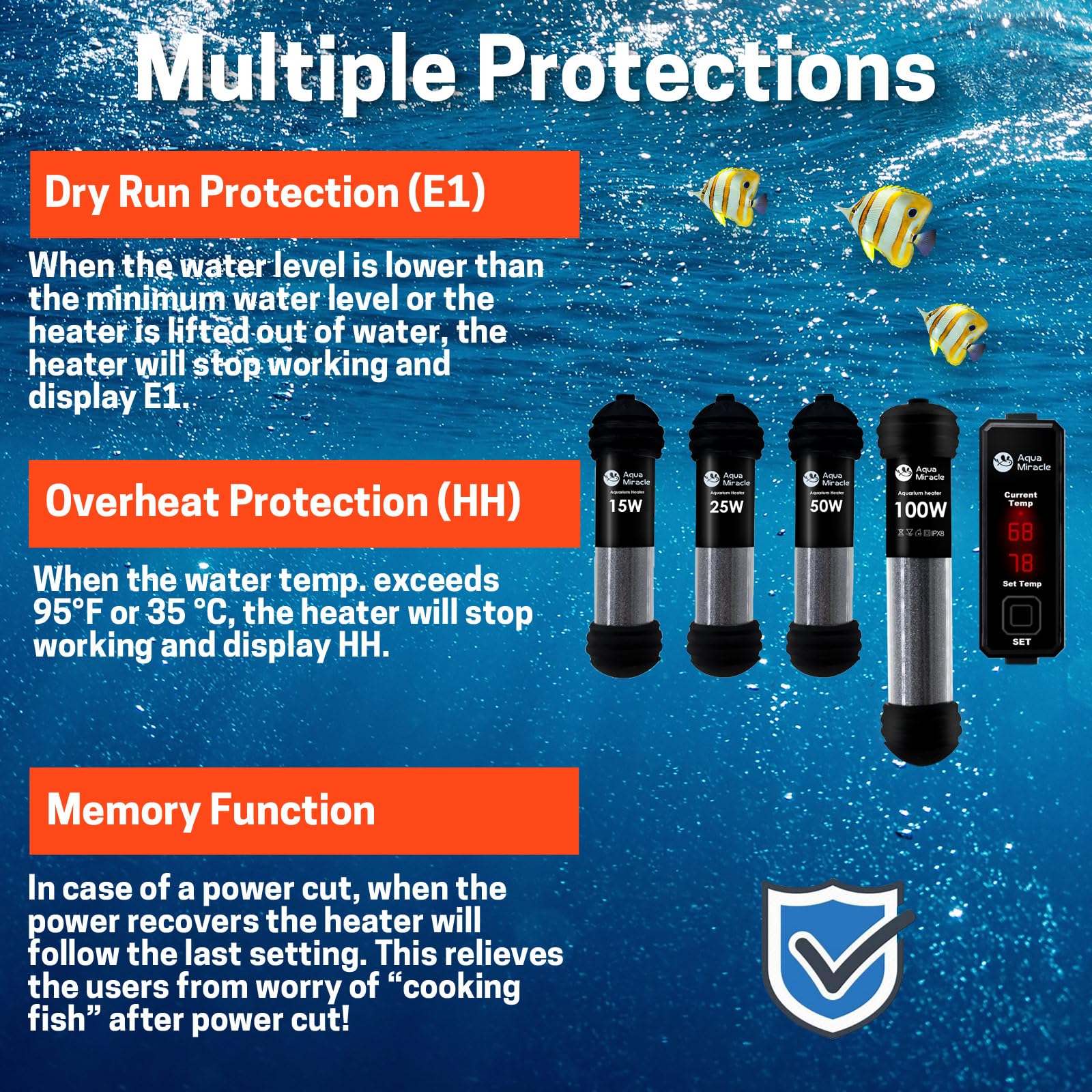 AquaMiracle 25W mini heater with dry-run protection label indicating safe operation