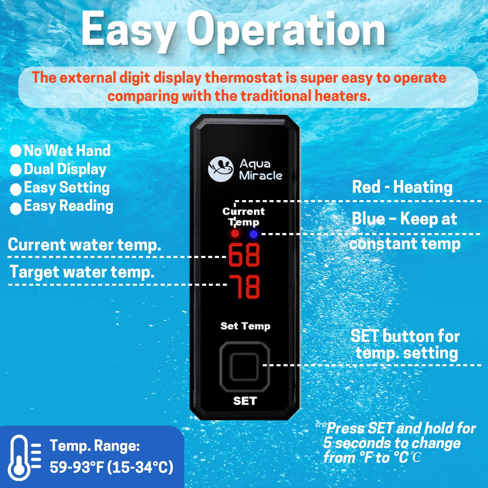 AquaMiracle 25W mini heater with overheat protection for temperature safety