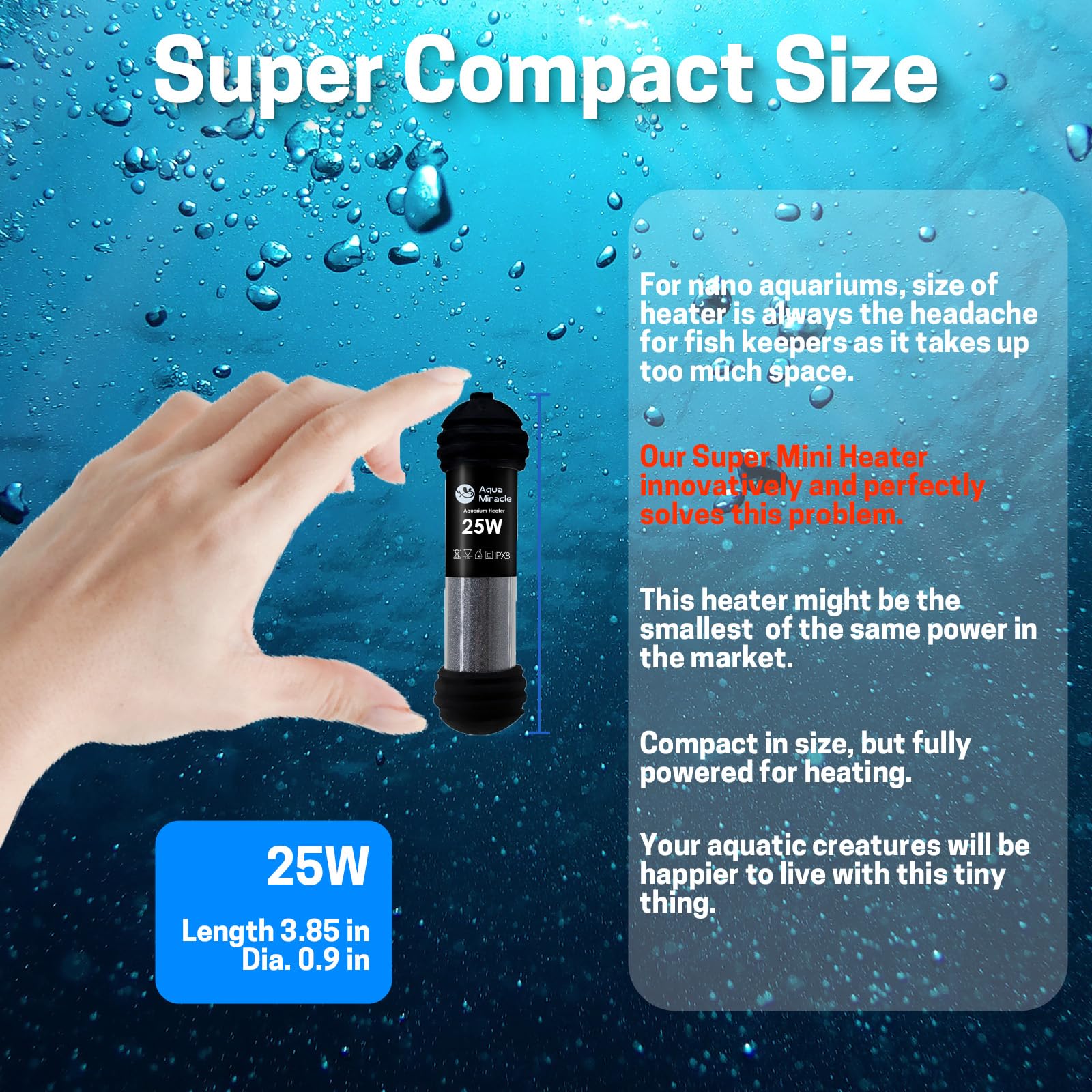 AquaMiracle 25W mini heater side view highlighting slim profile for tight setups