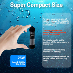AquaMiracle 25W mini heater side view highlighting slim profile for tight setups