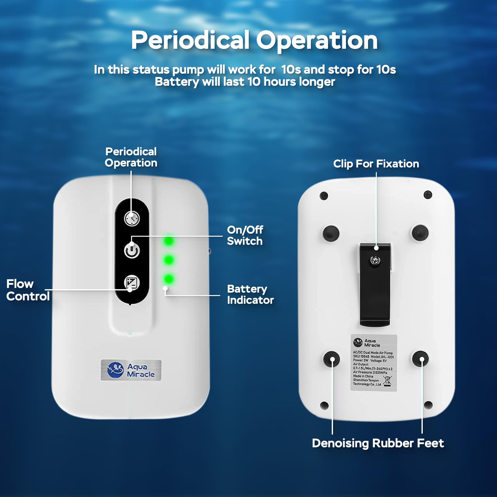Aquamiracle USB rechargeable aquarium aerator supports easy charging with wall charger or power bank.