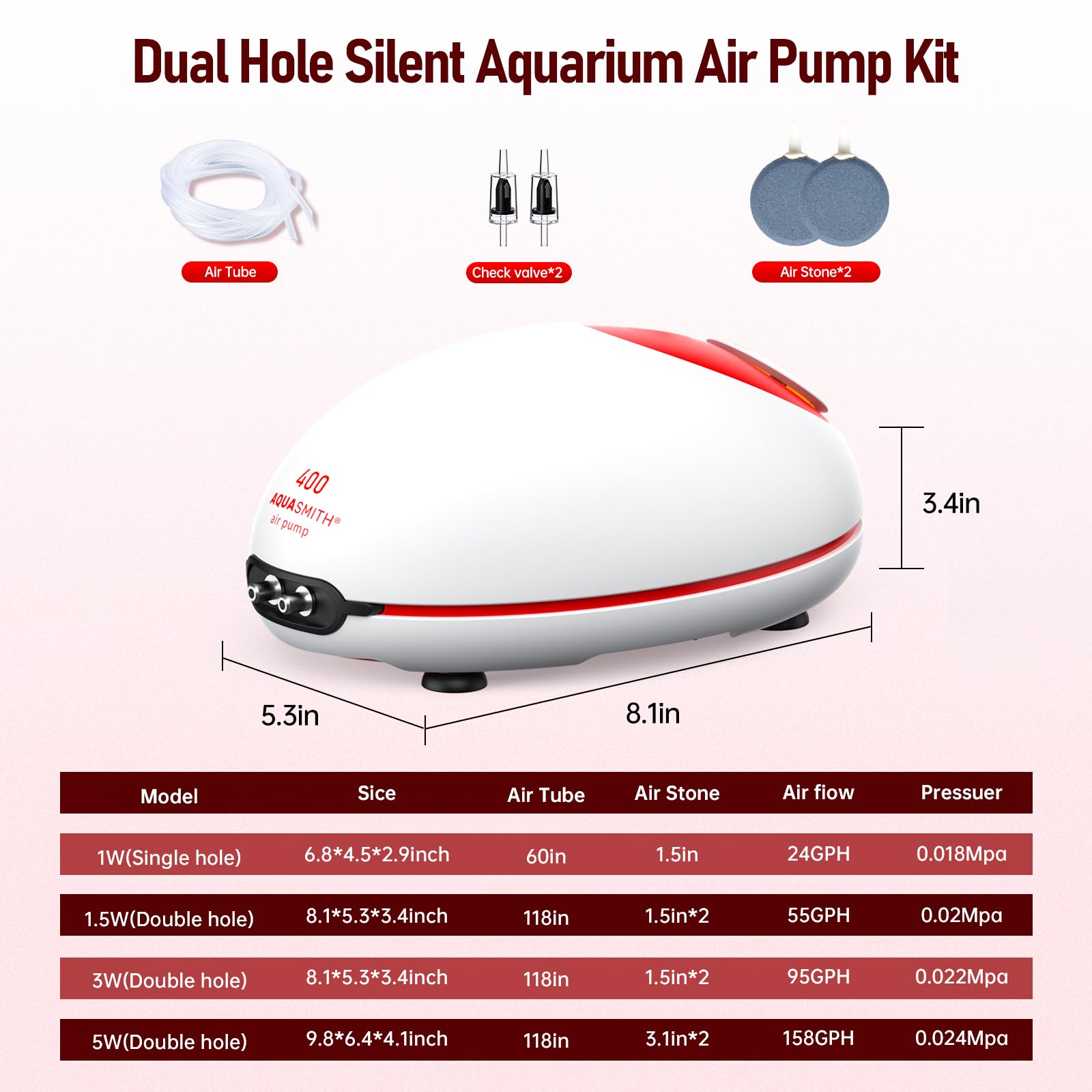 AQUASMITH 3W Ultra Quiet Air Pump in-use image shows stable aeration for 70 to 100 gallon tanks