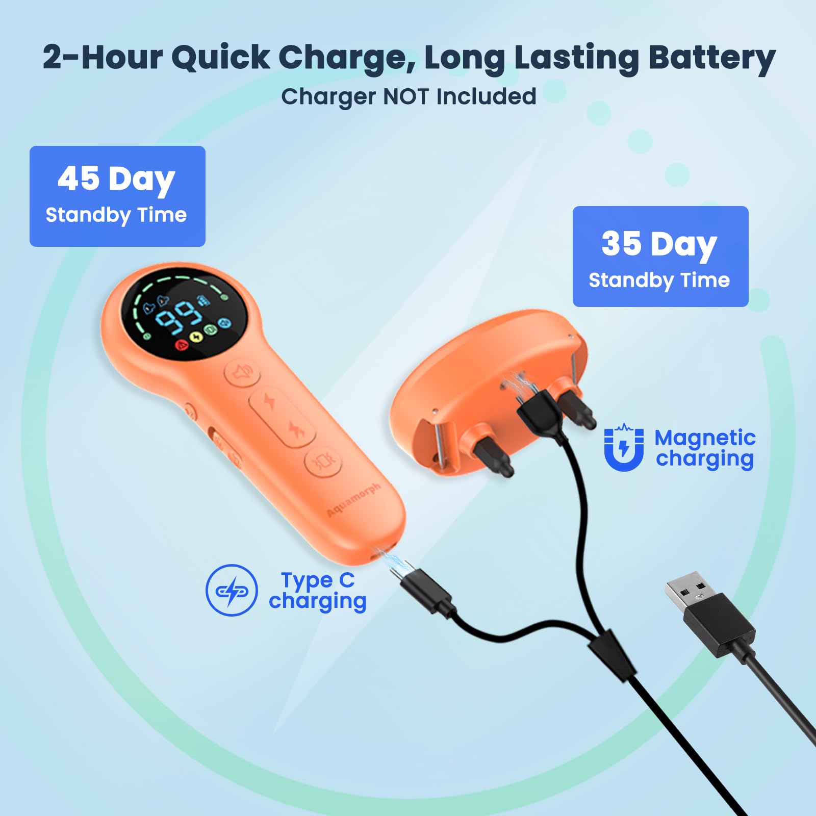 Aquamorph fast USB charging keeps the collar ready for workouts.