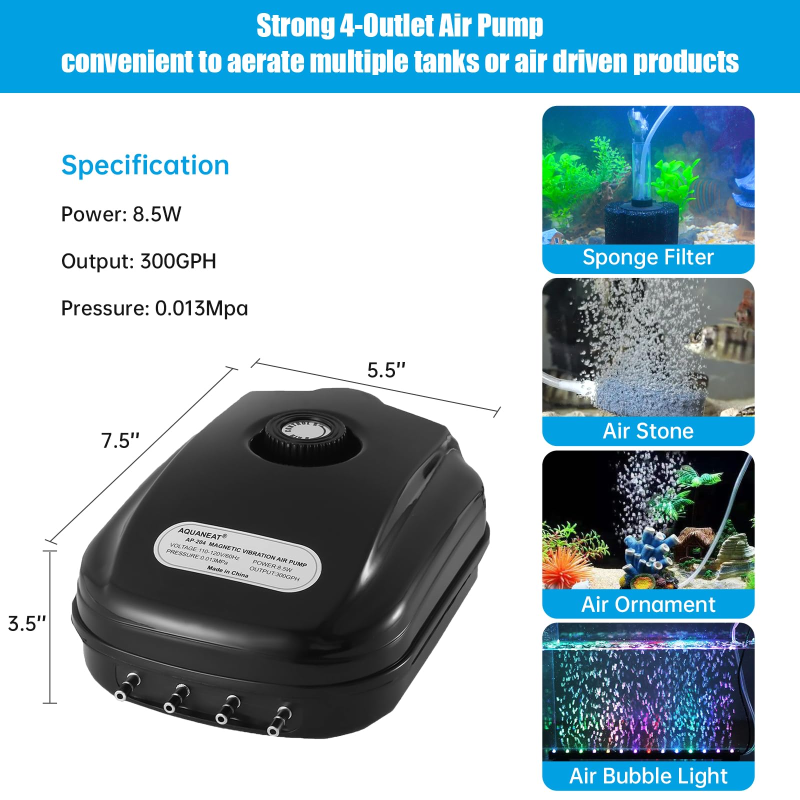 AQUANEAT Aquarium Air Pump top view highlights compact footprint for 200-gallon tanks.