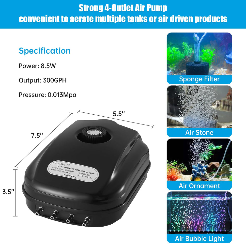 AQUANEAT Aquarium Air Pump top view highlights compact footprint for 200-gallon tanks.