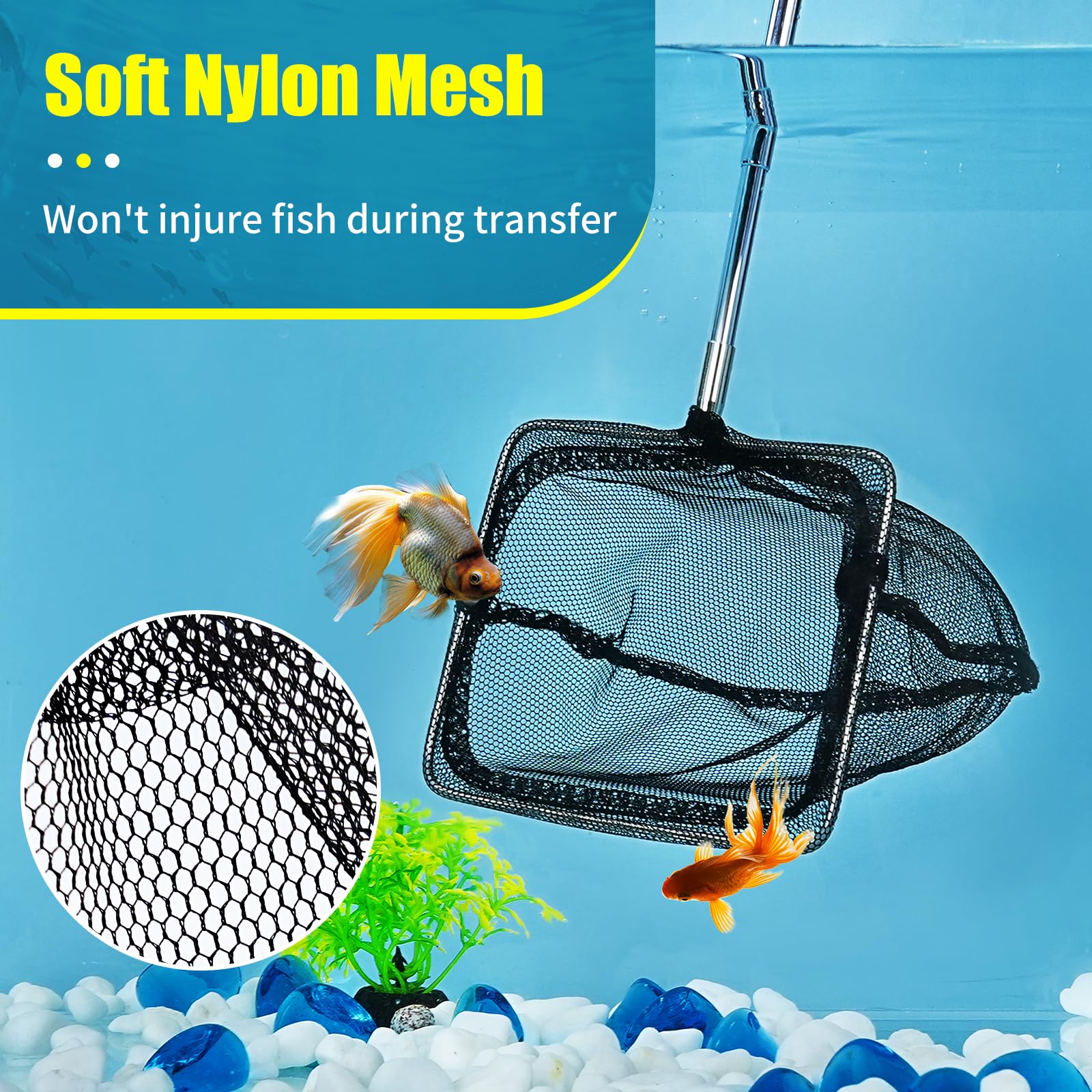 AQUANEAT aquarium net's soft nylon mesh protects delicate fish during transfers.