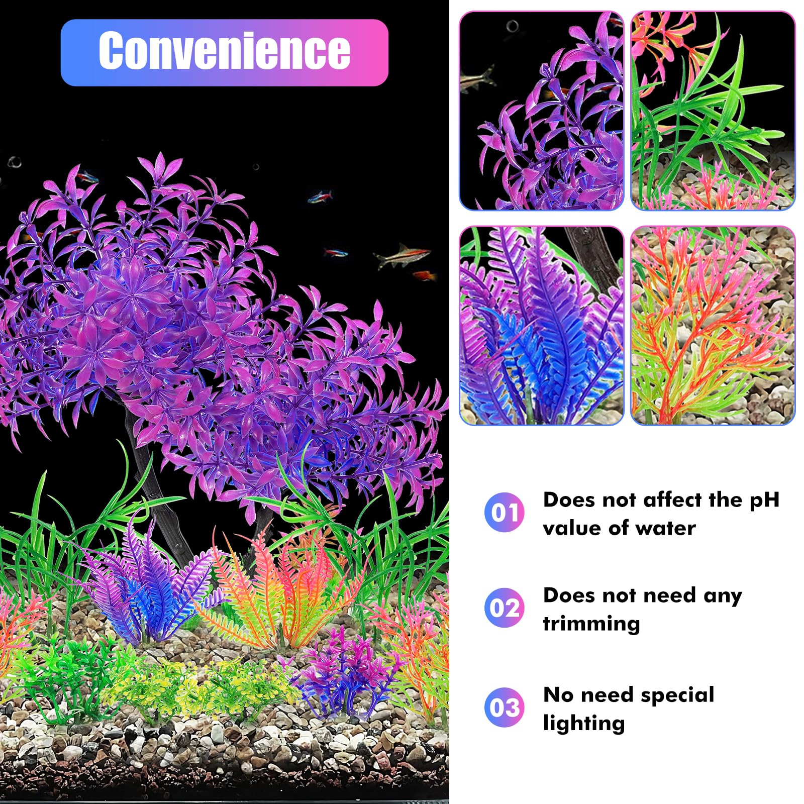AQUANEAT colorful artificial plants brighten the tank and boost color