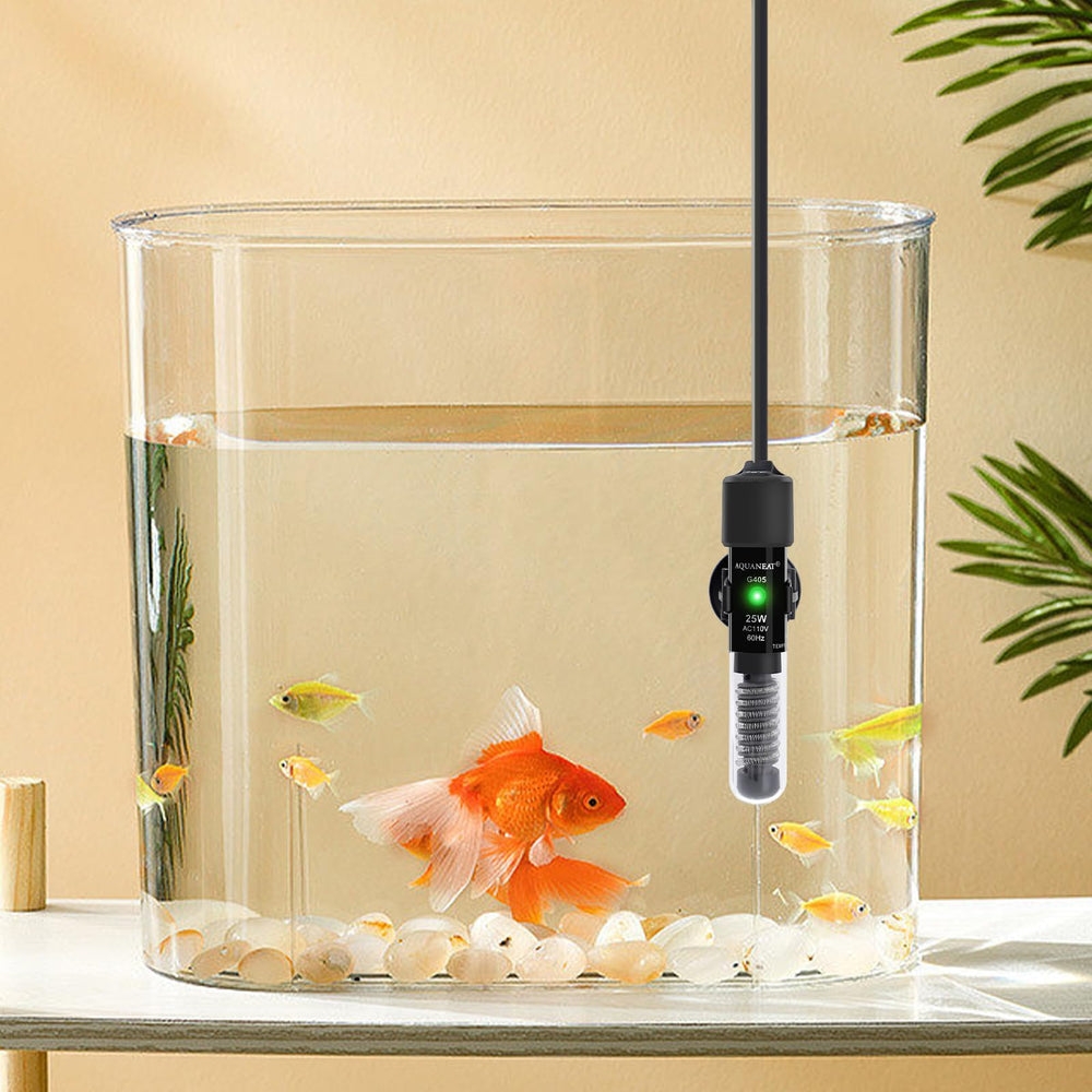 AQUANEAT 25W heater package includes heater, suction cup, and thermometer strip